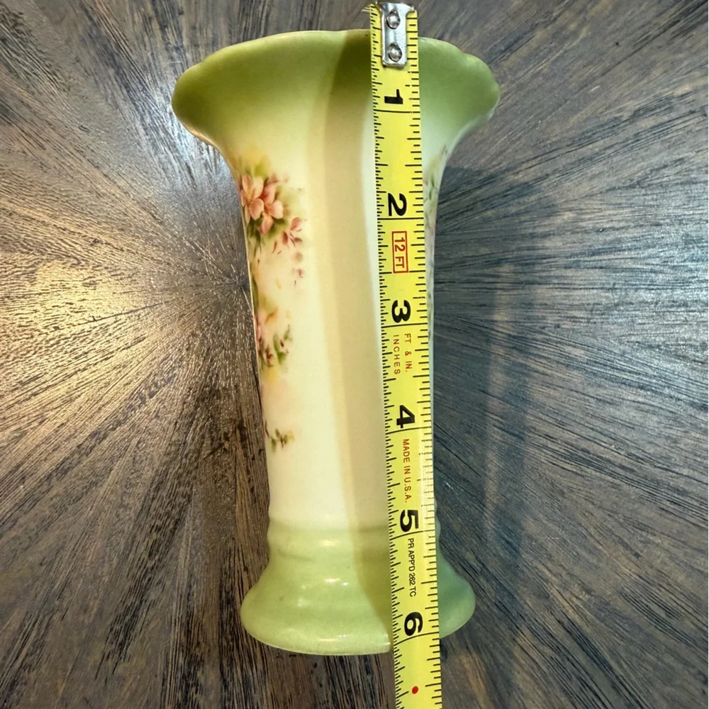 Burton & Burton Hand-Painted Floral‎ Vase Green Satin Finish 6” Scalloped Rim